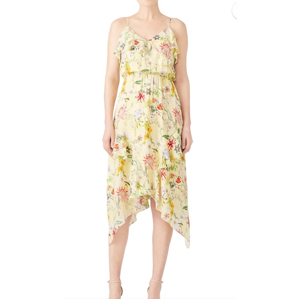 Parker Silk Floral Midi Dress Womens Med White Ruffle High‎ Low Handkerchief Hem